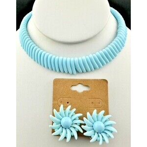 Vtg West Germany Glass Bead Necklace & Clip Earring Set Baby Blue